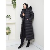 Harma Time Butik Kadın Bel Kemerli Kapüşonlu Uzun Şişme Siyah Mont - 44