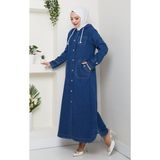 Harma Time Butik Kadın Cepli Düğmeli Kapüşonlu Denim Koyu Mavi Trençkot - 52