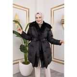 Harma Time Butik Kadın Kürk Detaylı Kemerli Siyah Şişme Mont - 44