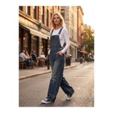harmony factory Kadın Yüksek Bel Wide Leg Askılı Kot Salopet Tulum Bahçıvan Pantolon