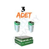 harry 3 ADET 9 Volt Pil - 9V Oyuncak Araba Drone Kumanda Pili -9Volt Çift Başlı Kare Pil