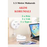 harry 3'Lü 1.5 Metre Makaralı Akım Korumalı 2500 Watt Çocuk Korumalı 3 Usb 1 Type c Girişli Üçlü Priz