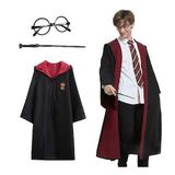 Harry Potter Gryffindor Kapişonlu Çocuk Kostüm + Asa + Gözlük Seti 5-6 Yaş