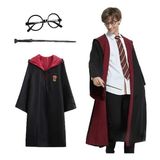 Harry Potter Gryffindor Kapişonlu Çocuk Kostüm + Asa + Gözlük Seti 7-8 Yaş (5047)