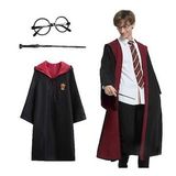 Harry Potter Gryffindor Kapişonlu Çocuk Kostüm + Asa + Gözlük Seti 7-8 Yaş