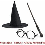 Harry Potter Tarzı Çocuk Seti (Siyah Keçe Şapka, Asa, Gözlük) ITDHMN-GO4823 - 1