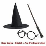 Harry Potter Tarzı Çocuk Seti (Siyah Keçe Şapka, Asa, Gözlük) Mirsm0010k-E183-E182-Keçe