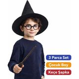 Harry Potter Tarzı Çocuk Seti (Siyah Keçe Şapka, Asa, Gözlük)