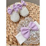 Harry&Millie Kız Bebek Fiyonk Detay Parlak Incili Patik Dantelli Bandana Set 10CM Hediyelik Patik Lüx Cırtcıtlı - 0 - 6 Ay - Mor