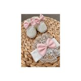 Harry&Millie Kız Bebek Fiyonk Detay Parlak Incili Patik Dantelli Bandana Set 10CM Hediyelik Patik Lüx Cırtcıtlı - 0 - 6 Ay - Pembe