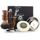 Haryali London Tıraş Seti - 5 Parça Ahşap Tıraş Seti - 3 Bıçaklı Tıraş Makinesi - Porsuk Saç Fırçası - Tıraş Sabunu - Tıraş Kasesi - Tıraş Standı - Hediye Tıraş Seti, Ahşap