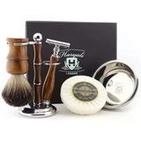 Haryali London Tıraş Seti - 5 Parçalı Ahşap Tıraş Seti - Çift Kenarlı Jilet - Porsuk Kıl Tıraş Fırçası - Tıraş Sabunu - Tıraş Kasesi - Tıraş Standı - Hediyelik Ahşap Tıraş Seti
