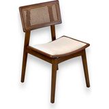 Hasağaç Carpino Modern Sandalye Doğal Rattan Sırtlı Masif Ceviz Renk Krem Kumaş