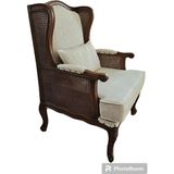 Hasağaç Grande Berjer Oymalı Koyu Ceviz Ahşap Rattan Detaylı Krem Kumaş Tekli Koltuk