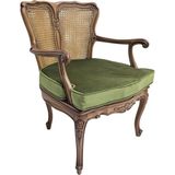 Hasağaç Klasik Ceviz Rengi Masif Ahşap Oymalı Rattan Zeytin Yeşili Kadife Berjer