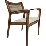 Hasağaç Lilla Modern Ceviz Ahşap Rattan Detaylı Kolçaklı Krem Döşemeli Yemek Sandalyesi