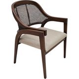 Hasağaç Lomba Modern Kollu Ahşap Ceviz Rengi Rattan Detaylı Krem Bej Kumaş Sandalye