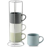 Hasense Kahve Kupaları 12oz Seramik Bardak Seti 4, Raflı İstiflenebilir Kabartmalı Kahve Fincanları, Latte, Cappuccino, Mocha, Kakao, Americano, Sıcak Çay ve Süt, Çok Renkli Porselen Kahve Fincanları