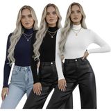 Hashtag Kadın Balıkçı Yaka Uzun Kollu Body 3'lü Set Viskon Kumaş - Siyah - Beyaz - Lacivert