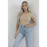 Hashtag Kadın Bisiklet Yaka Kısa Kollu Body Basic Tişört Viskon Kumaş - Bej - L - XL