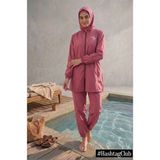 Hashtag Tesettür Mayo Tam Kapalı 4lü Set Su Tutmaz Hızlı Kuruyan Paraşüt Kumaş Bone ve Eşarp Dahil - Pembe