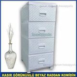 Hasır Görünümlü Yanları Kapalı Plastik Dolap 4 Çekmeceli Beyaz Komidin Büyük Boy Lüks Raddan Komidin