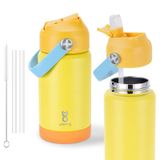 Hasır Kapaklı ve Silikon Saplı Çocuk Yalıtımlı Su Şişesi, 12oz Okul Erkek Kız Çocukları için Sızdırmaz Su Şişesi, Kaymaz Silikon Tabanlı Çift Duvar Vakumlu Paslanmaz Çelik (Sarı)