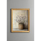Hasır Sepette Lavanta Çiçekleri - Vintage Desenli Çerçeve - İnce Model, Altın3, 15 x 21