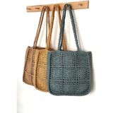 Hasır Tote Çanta, Hasır Omuz Çantası, Motifli Örgü Çanta, Yazlık Çanta, Hasır Dokulu Çanta Petrol - Petrol Yeşili