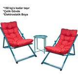 Hastunç Minderli Katlanır Şezlong Seti (İkili) -Premium Konfor Bahçe, Balkon, Teras ve Plaj İçin 2 Şezlong + 1 Sehpa Şezlong Takımı - Turuncu