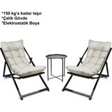 Hastunç Premium Konfor Minderli Katlanır Şezlong Seti - İkili Bahçe Balkon Teras Plaj Şezlongu + Sehpa - Siyah