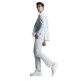Hatemoğlu Beyaz Slim Fit Çizgili Kruvaze Keten Takım Elbise