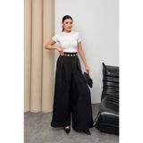 Hatun Atila A Pileli Arka Beli Lastikli Geniş Paça Filamlı Keten Palazzo Pantolon 9064 - Siyah