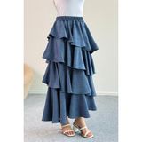 Hatun Atila Filamlı Keten Kumaş Fırfırlı Etek 5193 Indigo - İndigo - L - XL