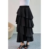 Hatun Atila Filamlı Keten Kumaş Fırfırlı Etek 5193 Siyah - L - XL