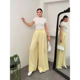 Hatun Atila Pileli Arka Beli Lastikli Geniş Paça Filamlı Keten Palazzo Pantolon 8980 - Sarı - 3XL
