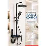Hausberg Piyano Tuşlu Dijital Duş Seti — Freddo 4 Fonksiyonlu LED Ambiyans Işıklı Termostatik Akıllı Duş Seti, Yağmurlama Tepe Duş + El Duşu + Banyo Bataryası (Antrasit) FRD-SN 5020NG