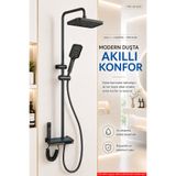 Hausberg Piyano Tuşlu Dijital Duş Seti — Freddo 4 Fonksiyonlu LED Ambiyans Işıklı Termostatik Akıllı Duş Seti, Yağmurlama Tepe Duş + El Duşu + Banyo Bataryası (Antrasit) FRD-SN 5020NG