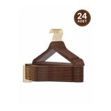 Hausgarten 24 Adet Ahşap Görünümlü Askı Premium Serisi Kıyafet Elbise Gömlek Askısı Kahverengi Gold Venge Renk