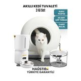 Haustier CB001 Gri Kedi Tuvaleti FW3 Mama Kabı ve Su Pınarı 3 lü Set- Beyaz Türkiye Garanti
