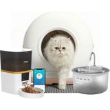 Haustier CB002 Bej Kameralı Kedi Tuvaleti + QQ003 Beyaz Mama Kabı + WF009LS Kedi Su Pınarı 3’lü Set (Türkiye Garantili)