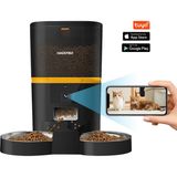 Haustier QQ005-Dual Kameralı Akıllı Otomatik Kedi Mama Kabı, App Uzaktan Kontrol, Sesle Çağırma, 480P Kamera, 6lt Hazne, Çift Metal Kase - Siyah