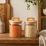 Havana Bambu Kapaklı Cam Kavanoz 370 ml 2'li Set, Şeffaf Cam Saklama Kavanozu, Kulplu Bambu Kapaklı Mutfak Düzenleyici, Kahve Çay Baharat Bakliyat Atı
