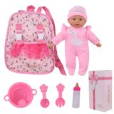 haveahug 33 cm Yumuşak Bebek Oyuncak Bebek Yanına Al Pembe Bebek Sırt Çantası Taşıyıcı, Şişe ve Aksesuarlarla 6 Parça Oyun Seti (Pembe)