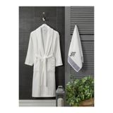 Havlulu Bornoz Seti Pamuklu Renkli Cepli Bornoz Banyo Seti/Kadın/Erkek Bornoz Takımı Nakışlı Havlu Krem Erkek L/XL