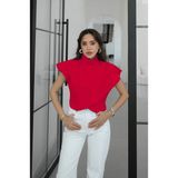 Havoş Kırmızı Omuz Düğme Detaylı Crop Gömlek - S