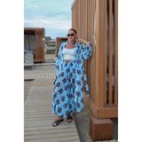 Havoş Mavi Çiçek Desenli Kimono Pantolon Şifon Takım