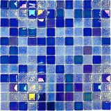 Havuz, Banyo, Sauna, Spa, Iç , Dış, Zemin, Duvar, Kaplama ve Dekorasyon Uygulamalarında Tüm Yüzeyler Için, 25X25MM. Lüster Blue, 31.5X31.5CM. Fileli Cam Mozaik. ( 10FILEKARO=1 M2 ) - Mavi Lüsterli