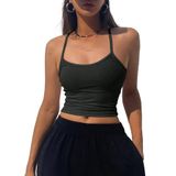Havuz Yaka Askılı Siyah Renk Fitilli Crop Top Bluz (Siyah, M)