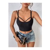 Havuz Yaka Çapraz Askılı Siyah Renk Fitilli Crop Top Bluz